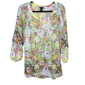 New Directions Womens XL Blouse Yellow Floral Paisley Sheer 3/4 Sleeve Spring